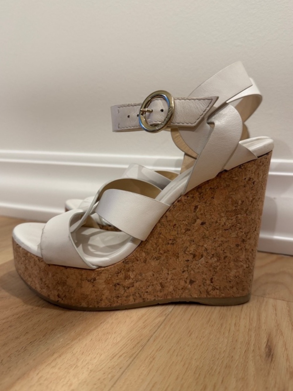 Jimmy Choo Aleili 100 White Leather Cork Sandal Wedge Heel Size 7